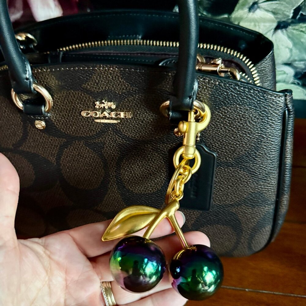 NEW Iridescent Rainbow Cherry Bag Charm & Lobster Clasp Keychain in Gold Tone